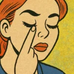 Illustration of a woman with eyes closed, tapping under her right eye.