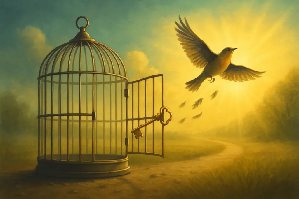 An open birdcage with a golden key in the lock, a bird flying toward sunlight, symbolizing freedom from self-sabotage.