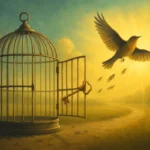 An open birdcage with a golden key in the lock, a bird flying toward sunlight, symbolizing freedom from self-sabotage.