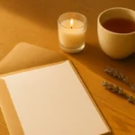 Open envelope with blank letter on a wooden desk, beside a candle, tea cup, and lavender sprigs.