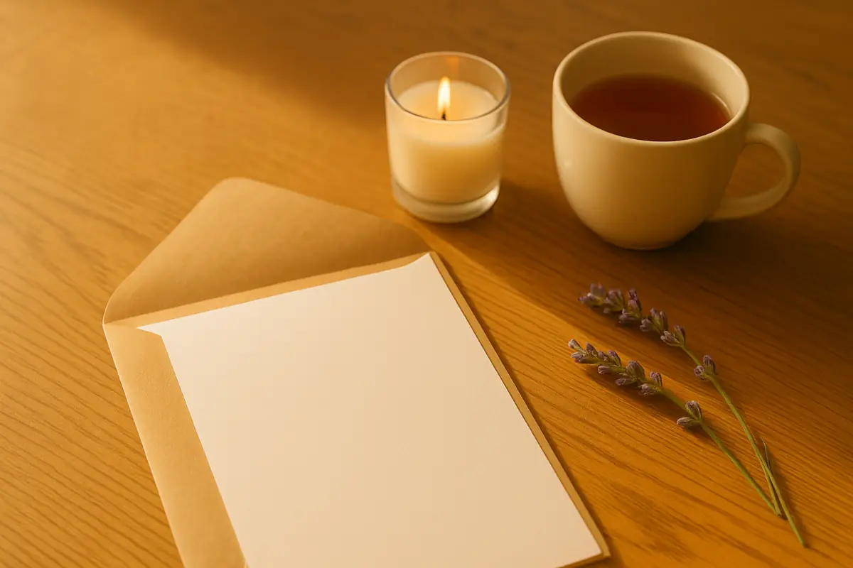 Open envelope with blank letter on a wooden desk, beside a candle, tea cup, and lavender sprigs.