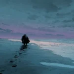 A lone figure walking across a desolate beach at twilight, dragging a heavy, indistinct, and shadowy mass through the sand, symbolizing the invisible burden of functional exhaustion.