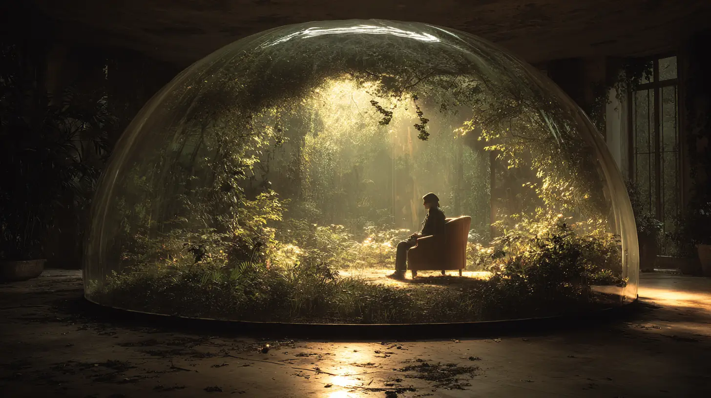 A conceptual illustration of a person in a quiet, contained environment, representing the fine line between restorative solitude and protective isolation.