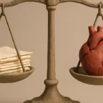 Claymation-style scale balancing a stack of papers with a heart-shaped weight, minimal and calm.