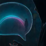 Graffiti-style scene of a person holding a glowing speech bubble shaped like a bridge linking two silhouettes in a dim room