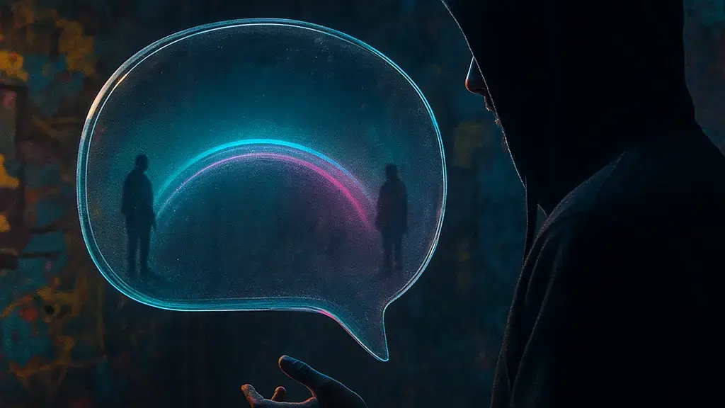 Graffiti-style scene of a person holding a glowing speech bubble shaped like a bridge linking two silhouettes in a dim room