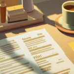 Van Gogh–style papercraft workspace with a handwritten price list on the desk, warm morning light, calm and minimal.