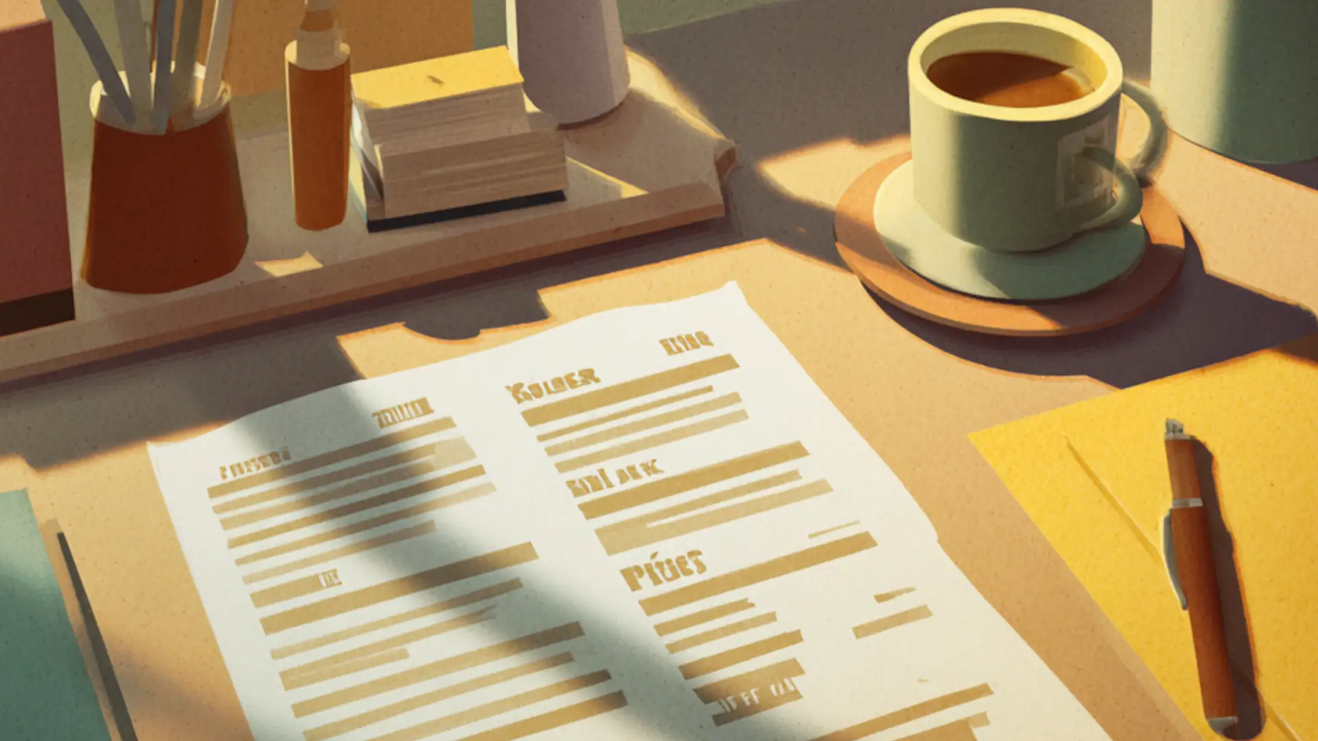 Van Gogh–style papercraft workspace with a handwritten price list on the desk, warm morning light, calm and minimal.