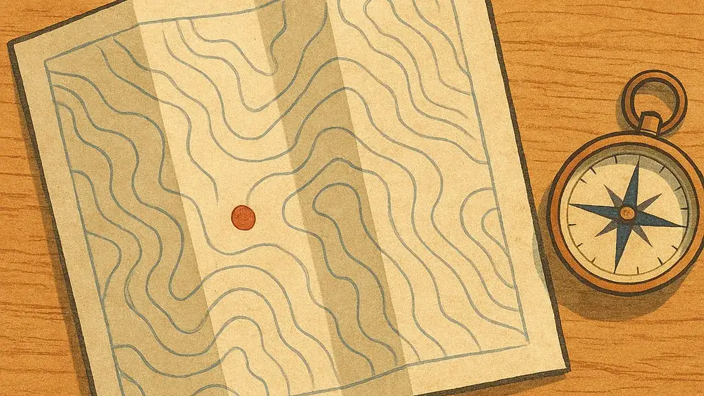 Ukiyo-e style illustration of a simple desk with a compass, map, and a single marked point, evoking orientation before change.