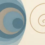 Abstract layered circles resolving into a clean spiral in muted blues and warm creams.