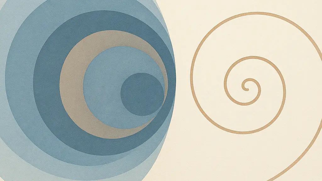 Abstract layered circles resolving into a clean spiral in muted blues and warm creams.