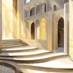 Whimsical, comic-style illustration of a serene palace path with barely-there walls and soft gold light, calm and minimal.