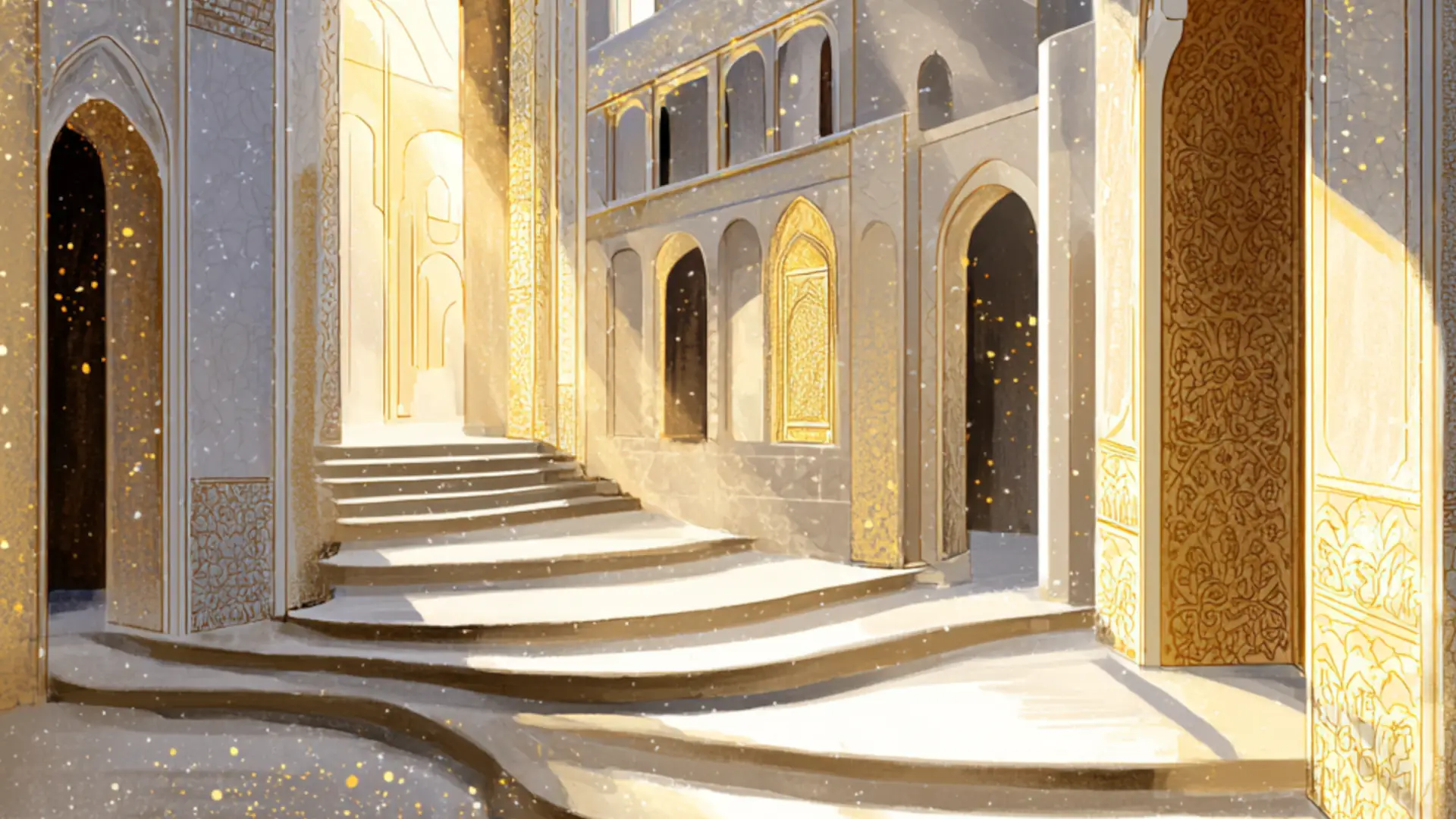 Whimsical, comic-style illustration of a serene palace path with barely-there walls and soft gold light, calm and minimal.