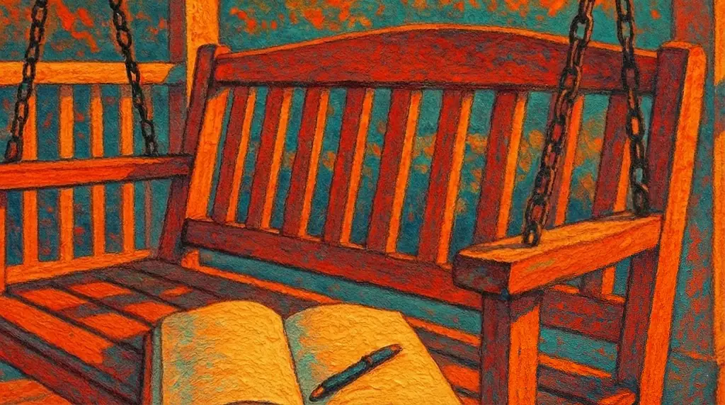 Pop art painting of a porch swing at golden hour with an open journal and pen, soft bokeh garden behind it, representing inner peace.