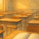 Quiet classroom at dusk with empty chairs and an open notebook on a desk, warm golden light, watercolor sketchbook style.
