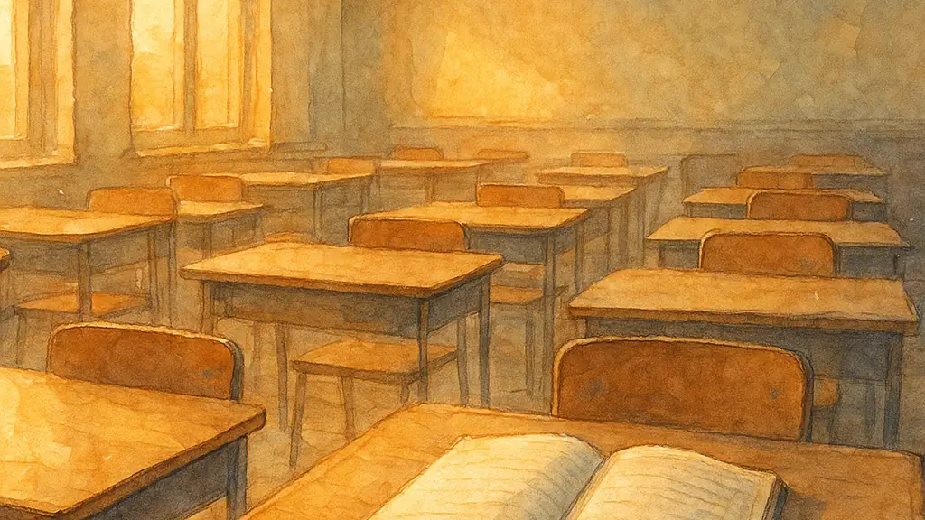 Quiet classroom at dusk with empty chairs and an open notebook on a desk, warm golden light, watercolor sketchbook style.