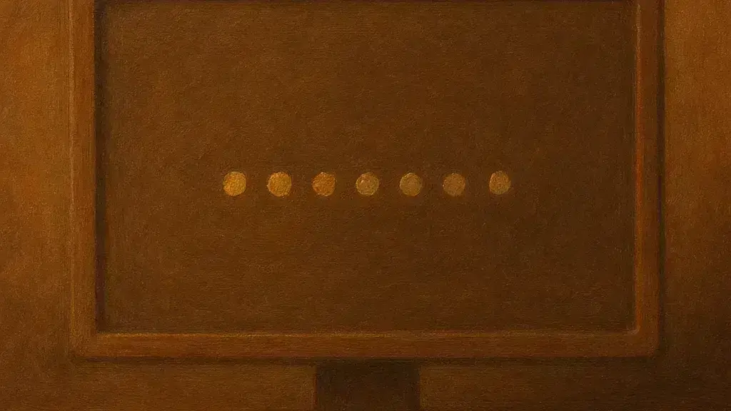 Renaissance-style depiction of a minimal boot screen motif with soft progress dots, evoking a system re-syncing after rest.