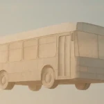 A translucent paper city bus floating in a pale sky with soft sunlight and muted blues.