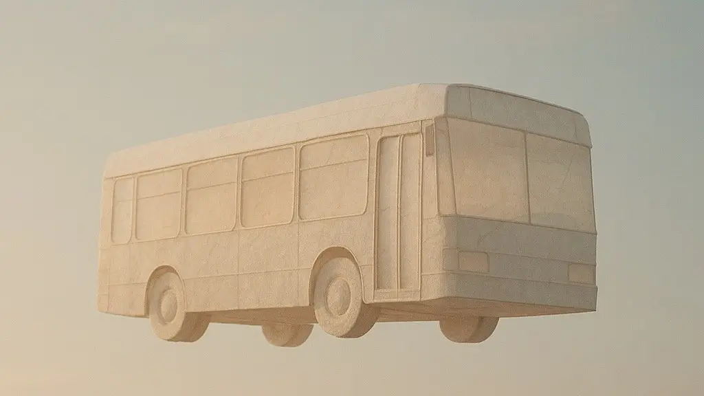 A translucent paper city bus floating in a pale sky with soft sunlight and muted blues.