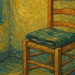 Van Gogh style painting of a quiet room with an open chair and folded blanket in soft morning light.