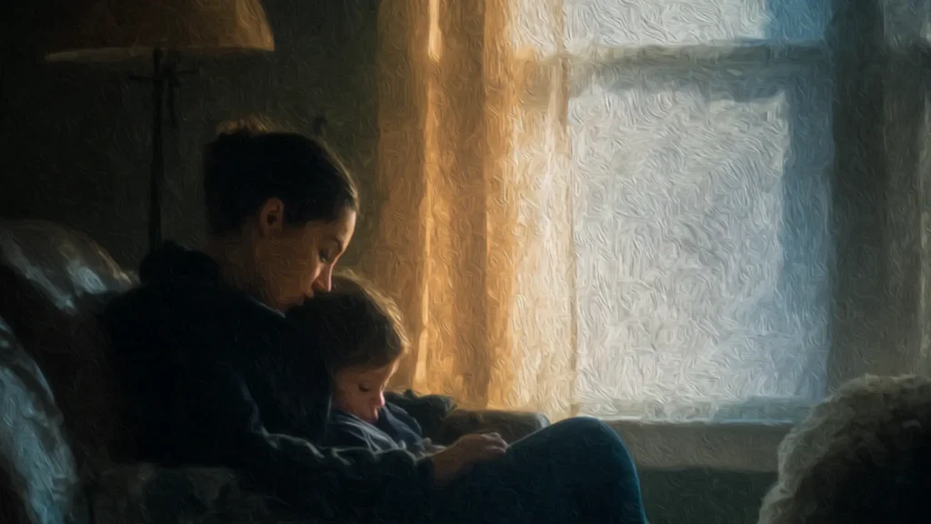 Woman sitting with child in a quiet morning living room, soft window light, calm presence.