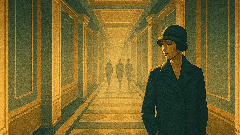 Art Deco style scene of a calm person paused in a sunlit hallway while faint silhouettes linger behind, suggesting grounded waiting.