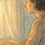 Watercolor sketch of a person at a window in soft morning light, hands resting, pausing before deciding.
