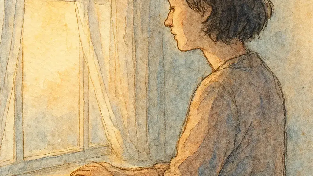 Watercolor sketch of a person at a window in soft morning light, hands resting, pausing before deciding.