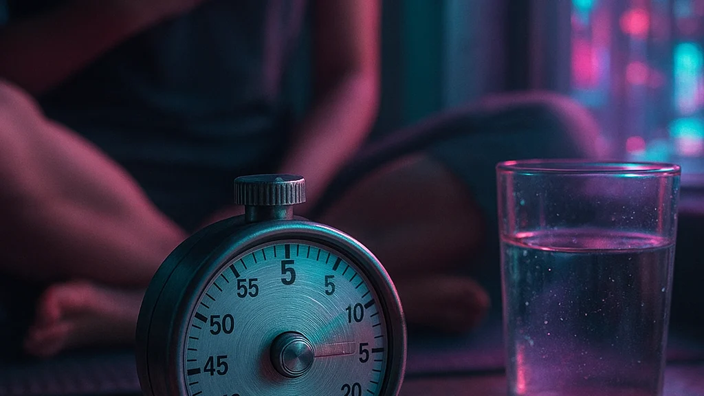 A five-minute timer beside water and grounded feet.