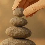 Paper cut-collage illustration of a hand placing one stone onto a small cairn at golden hour, representing emotional regulation, steadiness, and convergence.