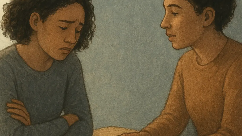Two curly-haired, olive-complexioned people in a children’s picture-book style conversation scene, showing a pause that shifts criticism into curiosity.