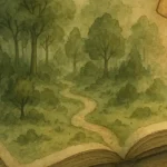 Children's picture book illustration of an open storybook on a wooden table with an enchanted forest spilling out as soft mist and tiny leaves, representing play, joy, and the enchanted forest returning in adulthood.