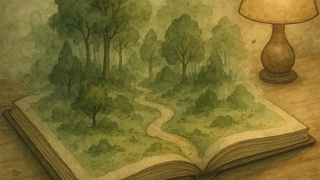 Children's picture book illustration of an open storybook on a wooden table with an enchanted forest spilling out as soft mist and tiny leaves, representing play, joy, and the enchanted forest returning in adulthood.