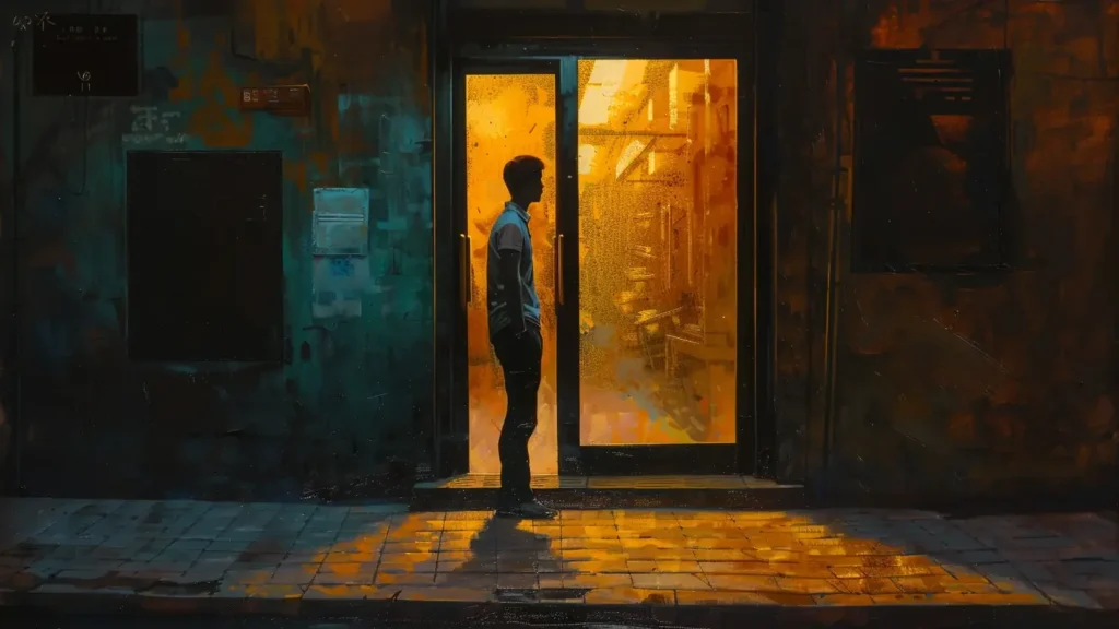 A person paused at a glowing doorway between dark street and inner light.