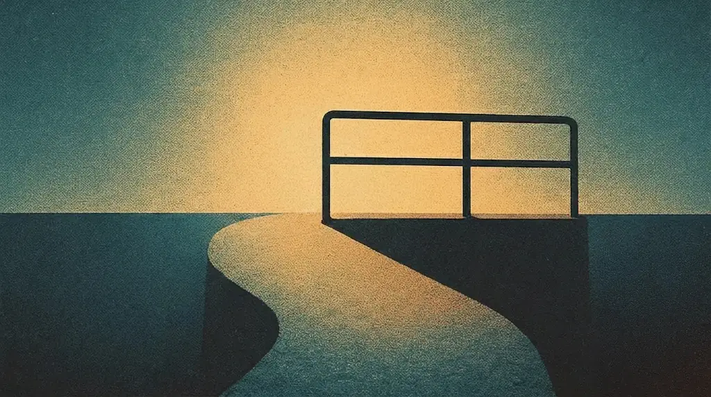 A narrow path opening into a wider platform with a protective railing.