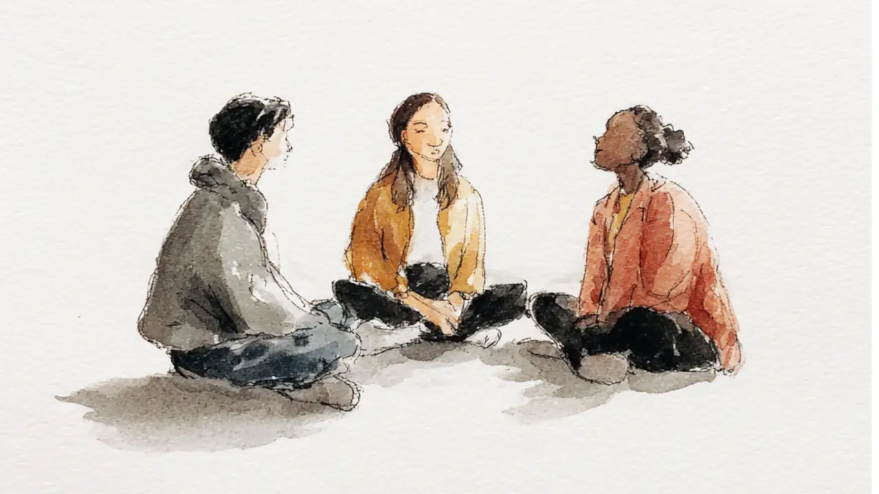 Three people seated in a calm circle, each grounded in posture.