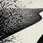 High-contrast black-and-white comic-style abstract image of scattered marks resolving into a clear pathway.