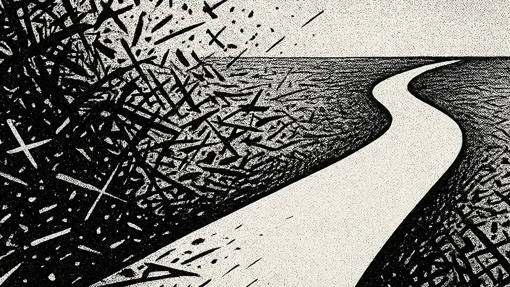 High-contrast black-and-white comic-style abstract image of scattered marks resolving into a clear pathway.