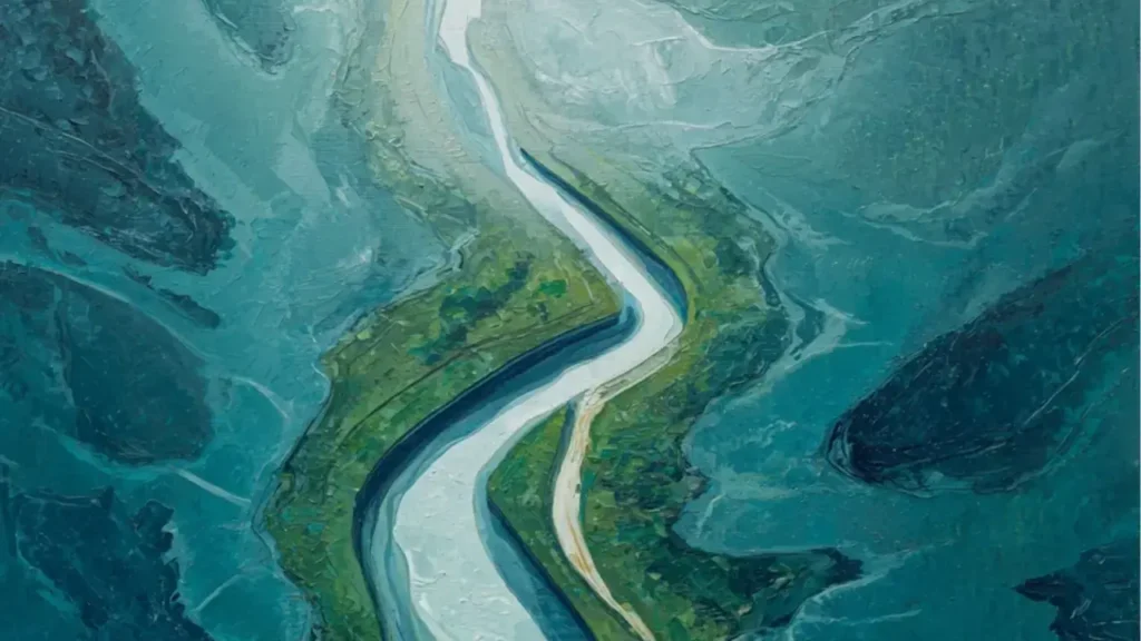 Aerial view of a broad river delta narrowing into a single calm stream in graffiti street‑art style, symbolizing scattered attention settling into clarity.