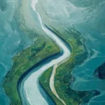 Aerial view of a broad river delta narrowing into a single calm stream in graffiti street‑art style, symbolizing scattered attention settling into clarity.