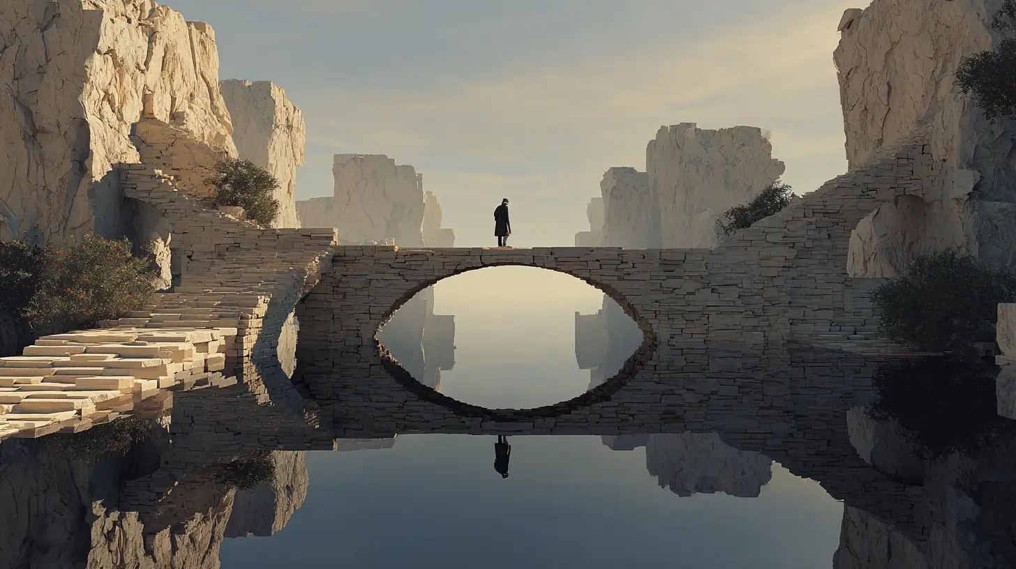 Mythic landscape of floating stone bridges carved with recursive Cantor-set gaps, where one calm traveler crosses toward a coherent path.