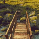 A small wooden footbridge with simple handrails over a rocky stream, with a clear path ahead in warm morning light.