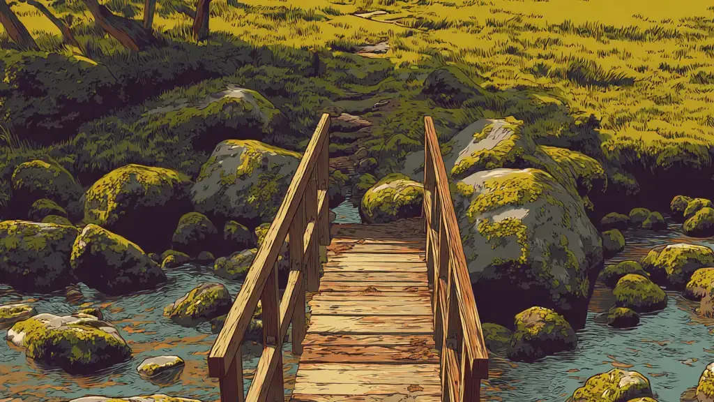 A small wooden footbridge with simple handrails over a rocky stream, with a clear path ahead in warm morning light.