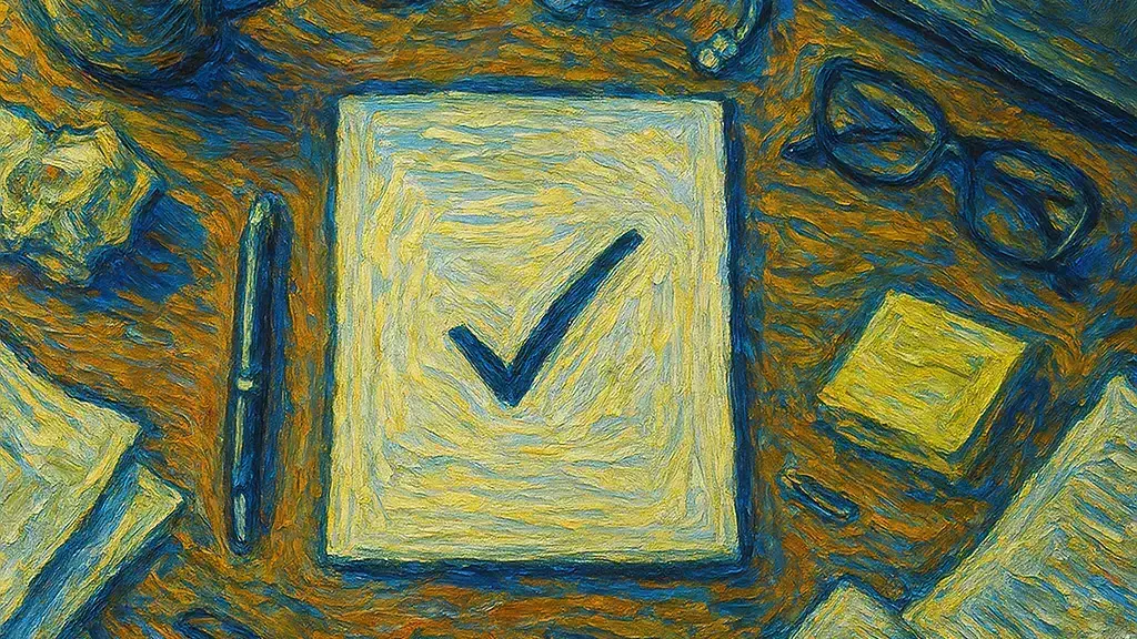 Overhead desk scene with one small cleared island showing the first tiny step that restarts momentum.