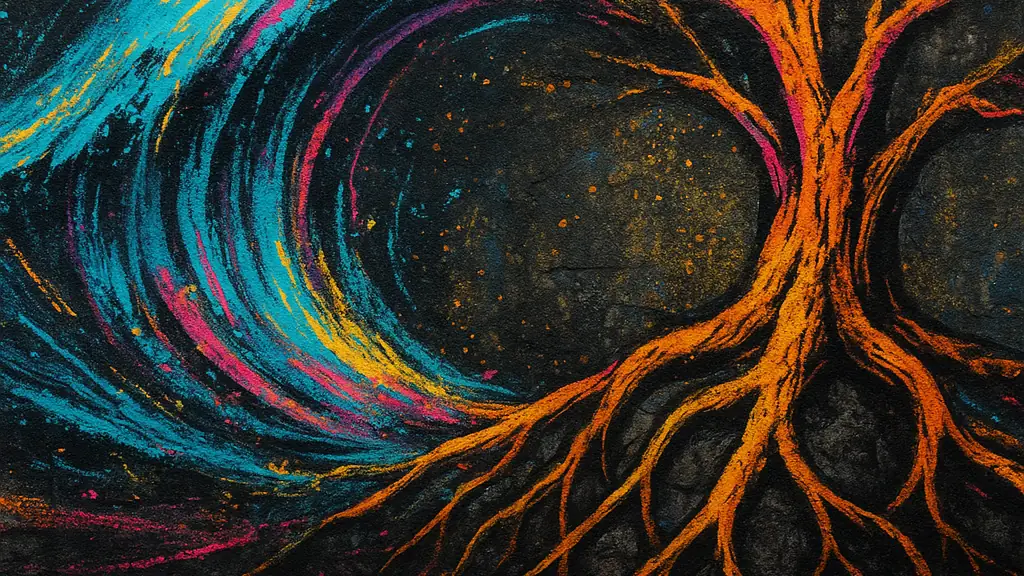 An abstract street-art style scene where a strong wave passes through while a rooted core stays steady, symbolizing regulation under pressure.