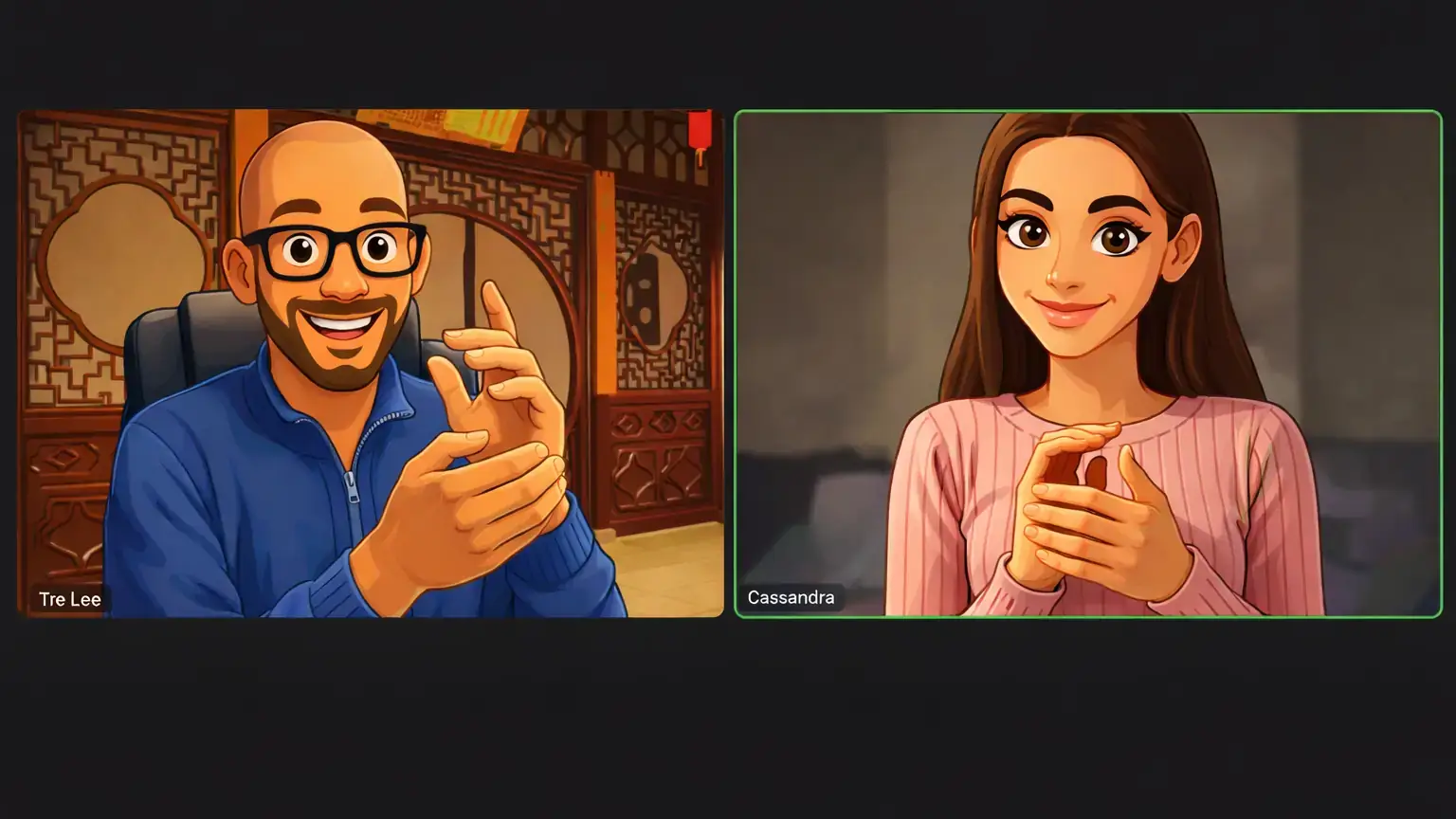 Two people in a warm one-on-one video session, both relaxed and engaged, illustrating attuned support in real time.