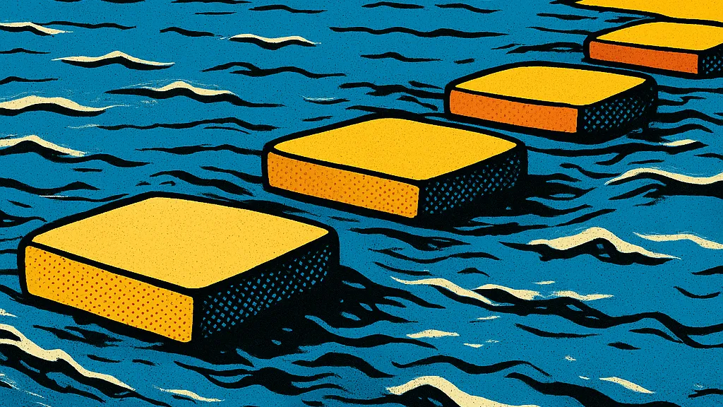 Four stepping stones crossing choppy water toward a calm bank.