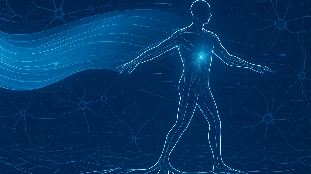 An abstract blueprint-style scene where a strong wave passes through a rooted silhouette.