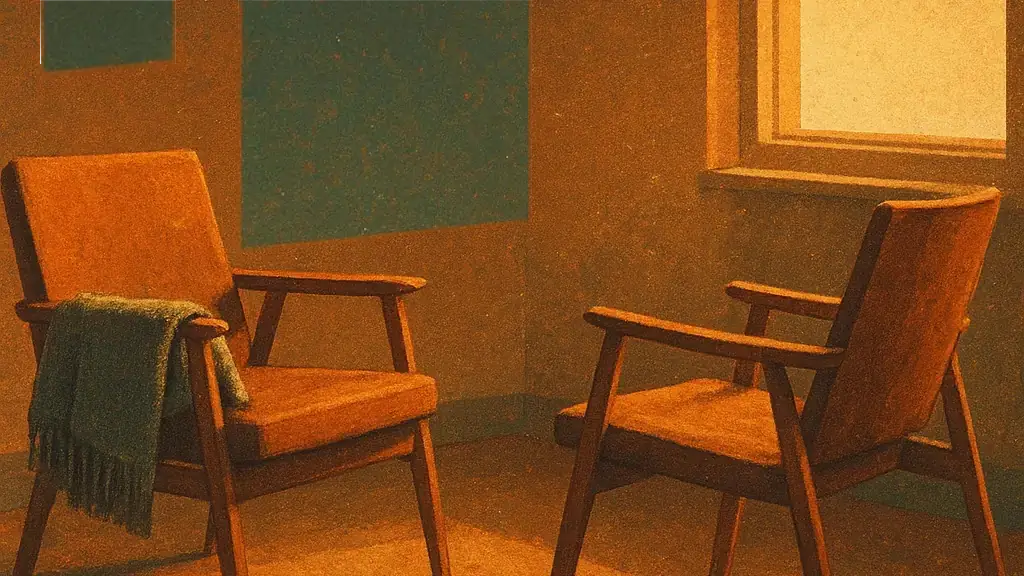 Two chairs angled toward each other in a quiet room.