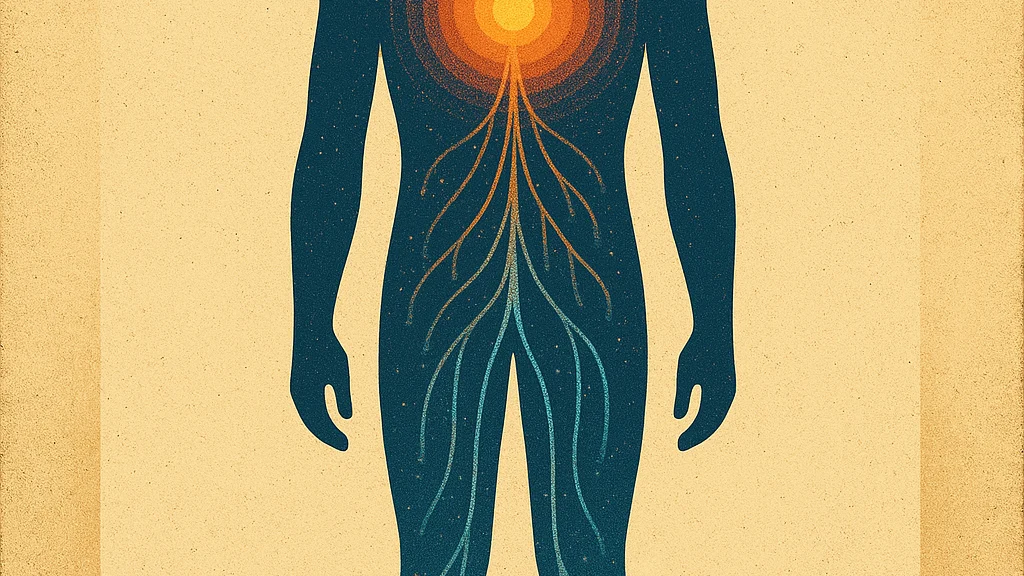 Abstract body map with chest activation diffusing downward into grounded feet contact points.